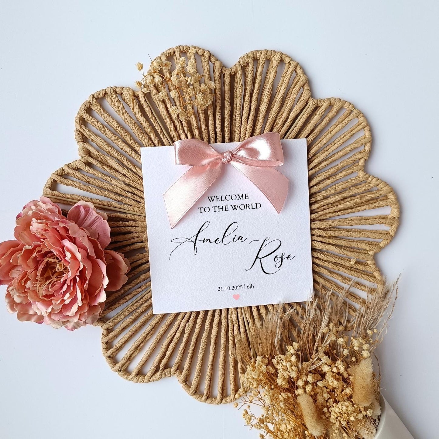 Personalised New Baby Boy Card, Welcome To The World Bow Card, Calligraphy Luxury Bow New Baby Card for Grandson, Nephew, Handmade Ribbon