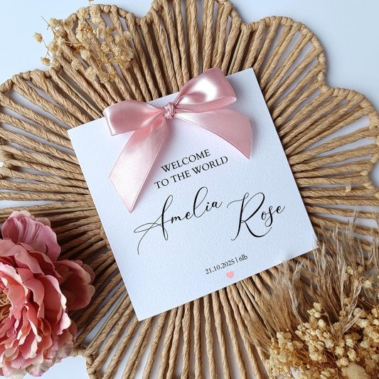 Personalised New Baby Girl Card, Welcome To The World Bow Card, Calligraphy Luxury Bow New Baby Card for Granddaughter,Niece,Handmade Ribbon