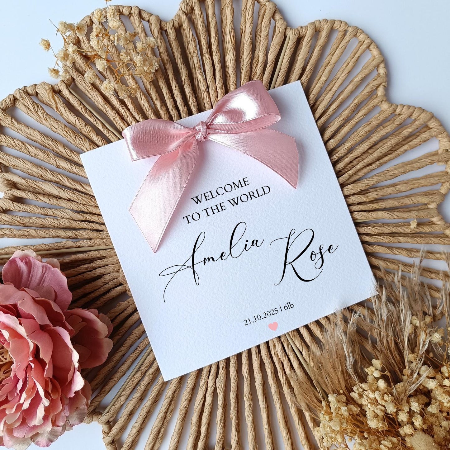 Personalised New Baby Boy Card, Welcome To The World Bow Card, Calligraphy Luxury Bow New Baby Card for Grandson, Nephew, Handmade Ribbon