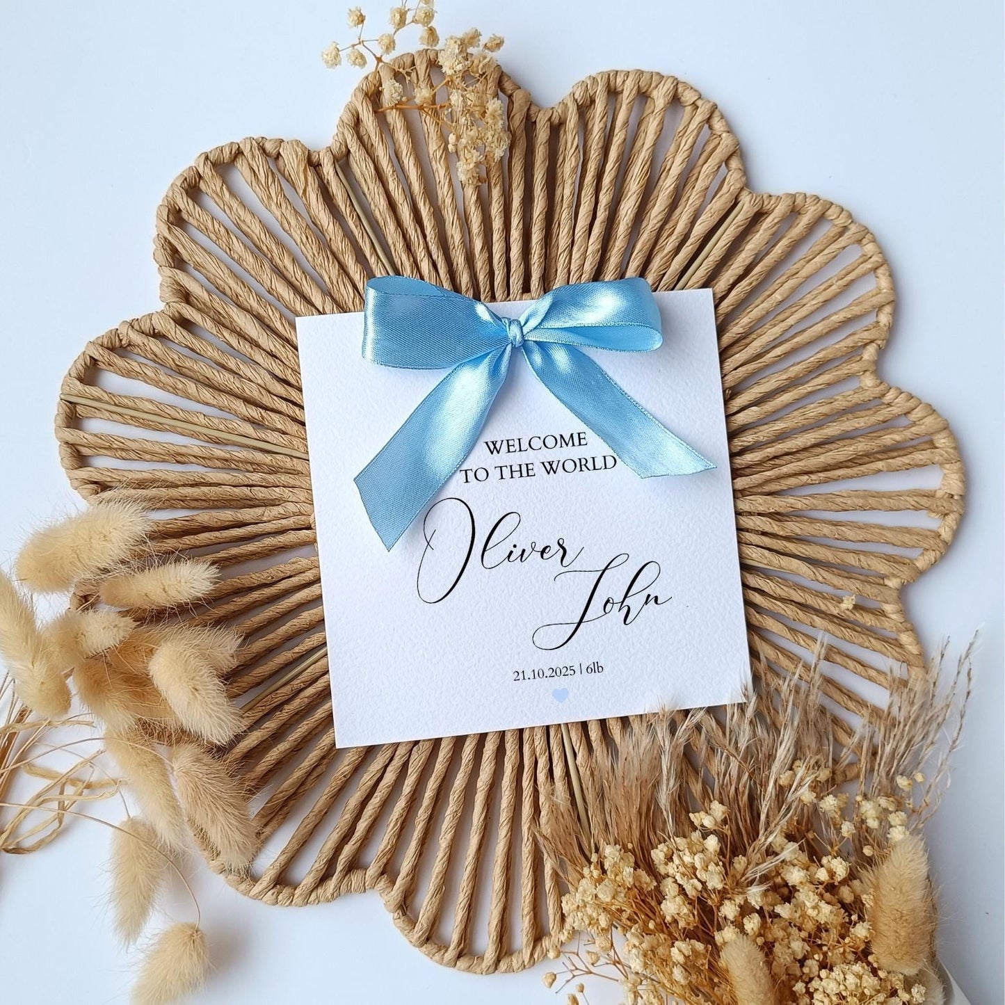 Personalised New Baby Boy Card, Welcome To The World Bow Card, Calligraphy Luxury Bow New Baby Card for Grandson, Nephew, Handmade Ribbon