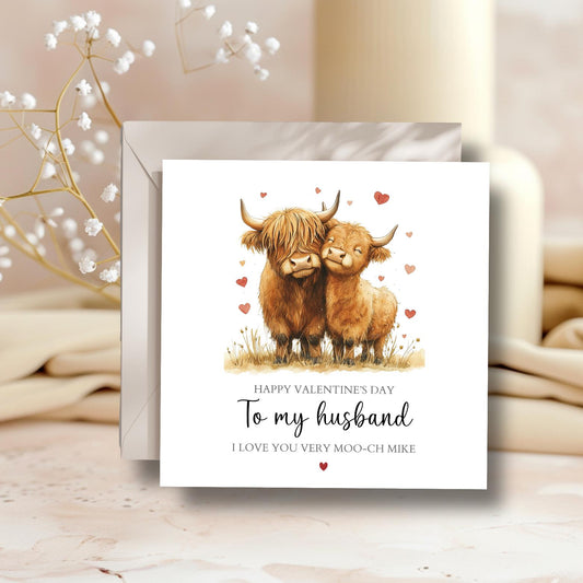 Personalised Highland Cow Valentine's Day, Personalised Couple Valentine Card for Husband, Girlfriend, Wife, Boyfriend,Any Relation
