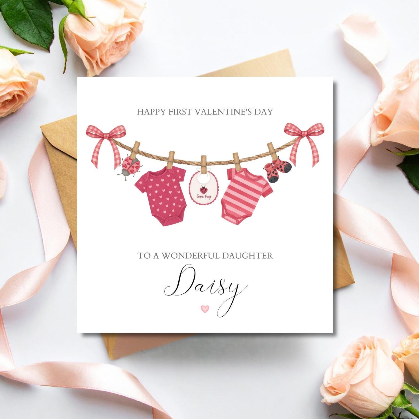 Personalised First Valentine's Day Card, Valentines Day Card for Girl, Cute Pink 1st Valentine's for Daughter, Granddaughter, Sister ,Niece
