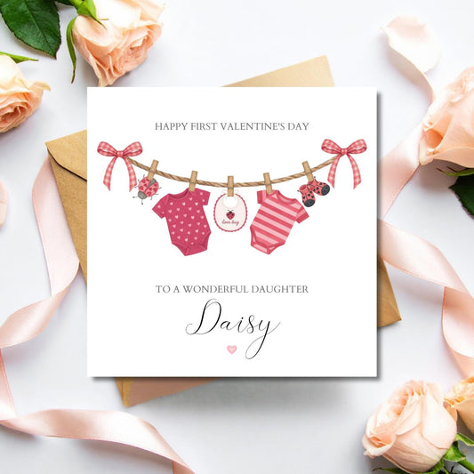 Personalised First Valentine's Day Card, Valentines Day Card for Girl, Cute Pink 1st Valentine's for Daughter, Granddaughter, Sister ,Niece