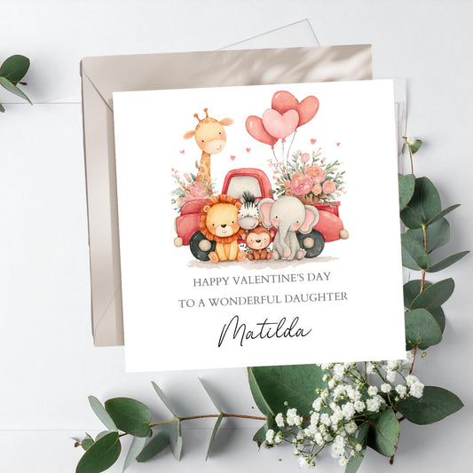 Personalised Safari Valentine's Day Card, Safari Animals Valentine's Card for Girl or Boy ,Granddaughter, Daughter, Niece, Son, Truck Design