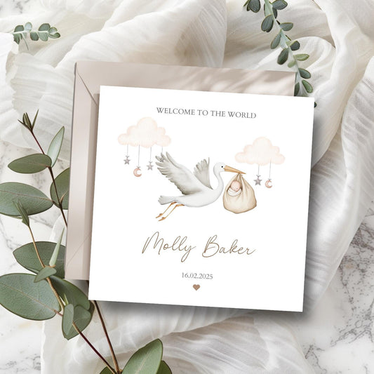 Personalised New Baby Card - Neutral Stork Welcome to the World Card - Stork Baby Greeting Card- Personalised Baby Card for Granddaughter