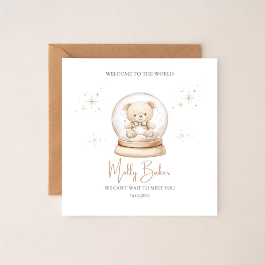 Personalised New Baby Bear Card - Neutral Welcome to the World Card - Bear Card- Personalised Newborn Card, New Granddaughter Card