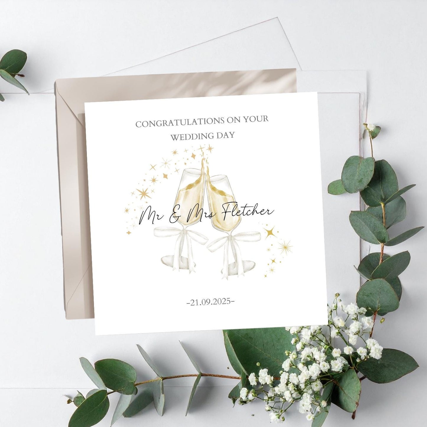 Personalised Wedding Card Calligraphy Names,Champagne Flute Wedding Card, Mr & Mrs Wedding Card, Custom Wedding Card