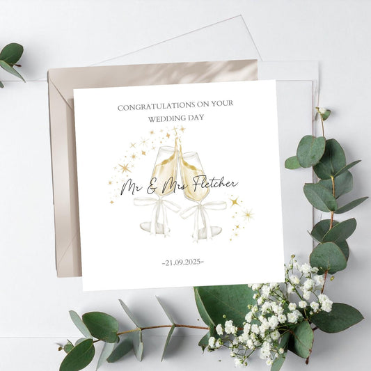 Personalised Wedding Card Calligraphy Names,Champagne Flute Wedding Card, Mr & Mrs Wedding Card, Custom Wedding Card