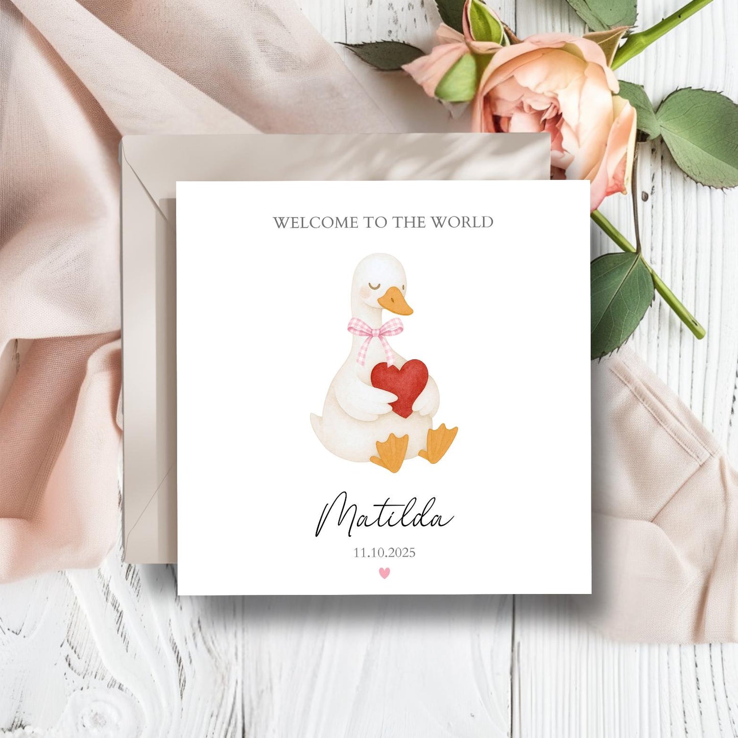 Personalised New Baby Goose Card - Blue Or Pink Welcome to the World Card - Heart Goose New Baby Card for Girl Or Boy-New Granddaughter Card