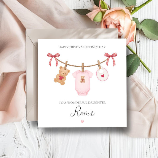 Personalised First Valentine's Day Card, Valentines Day Card for Girl, Cute Pink 1st Valentine's for Daughter, Granddaughter, Sister ,Niece