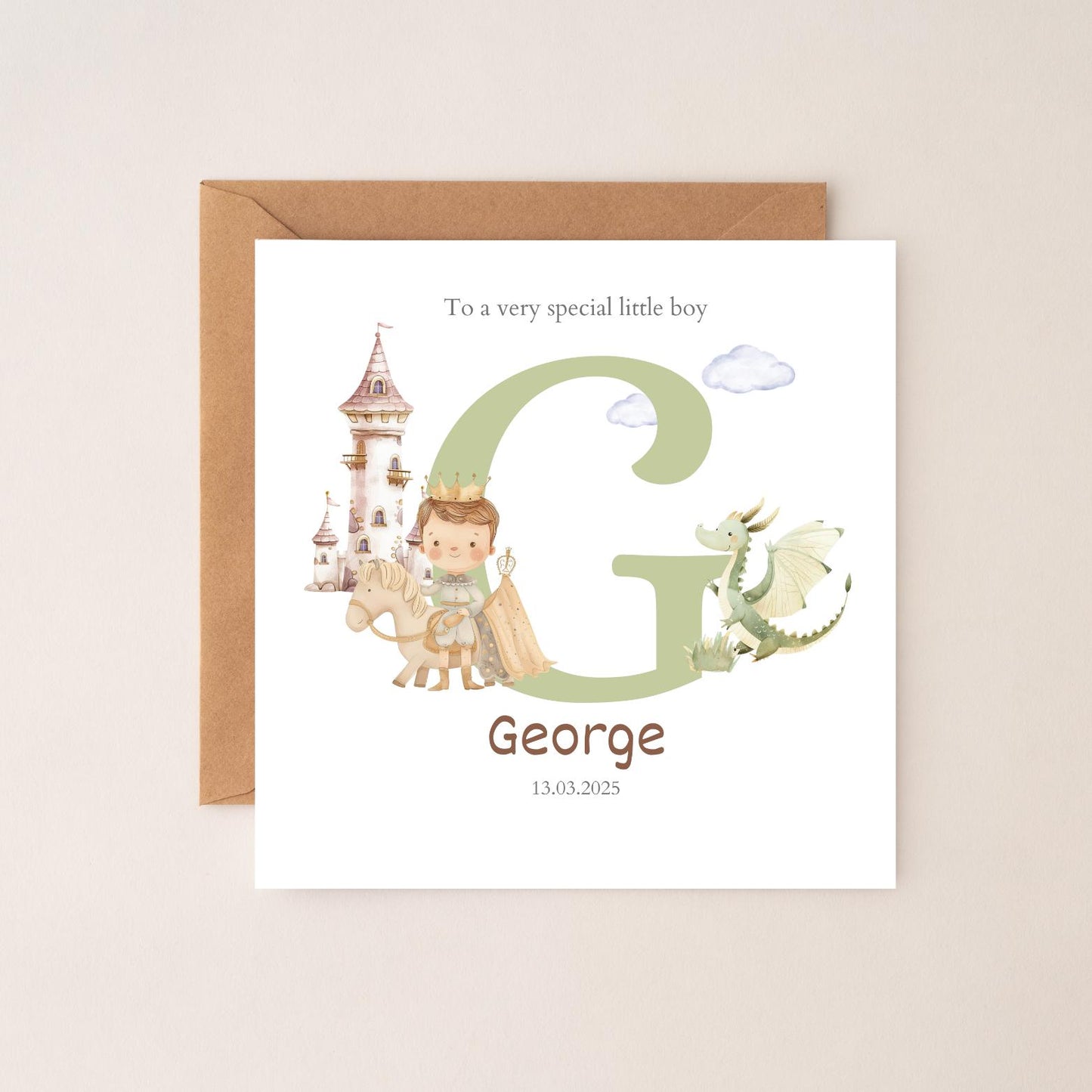 Personalised Prince Dragon New Baby Card, Personalised New Baby Boy Grandson Card ,Baby's Name Initial Card, Dragon Baby Card For Boy,Nephew