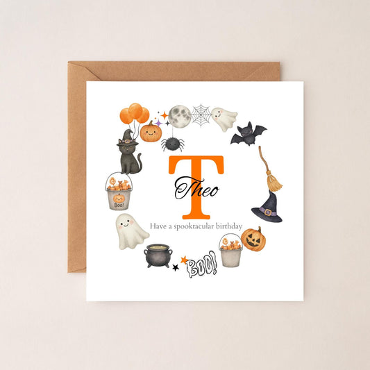 Personalised Halloween Birthday Card| 1st birthday Halloween card | Halloween Card for Boy Or Girl, Wreath Initial Card, Any Relation