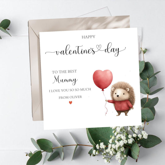 Personalised Mummy Valentines Day Card, Valentines Day Card for Grandma, Hedgehog Balloon Valentine's Card for Mum, Grandma, Any Relation