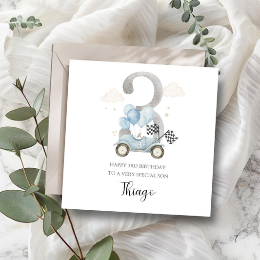 Personalised Third Birthday Race Car Card | Boy Blue 3rd Birthday Car Card| 1st,2nd,3rd Birthday Card for Son, Grandson, Nephew,Any Relation