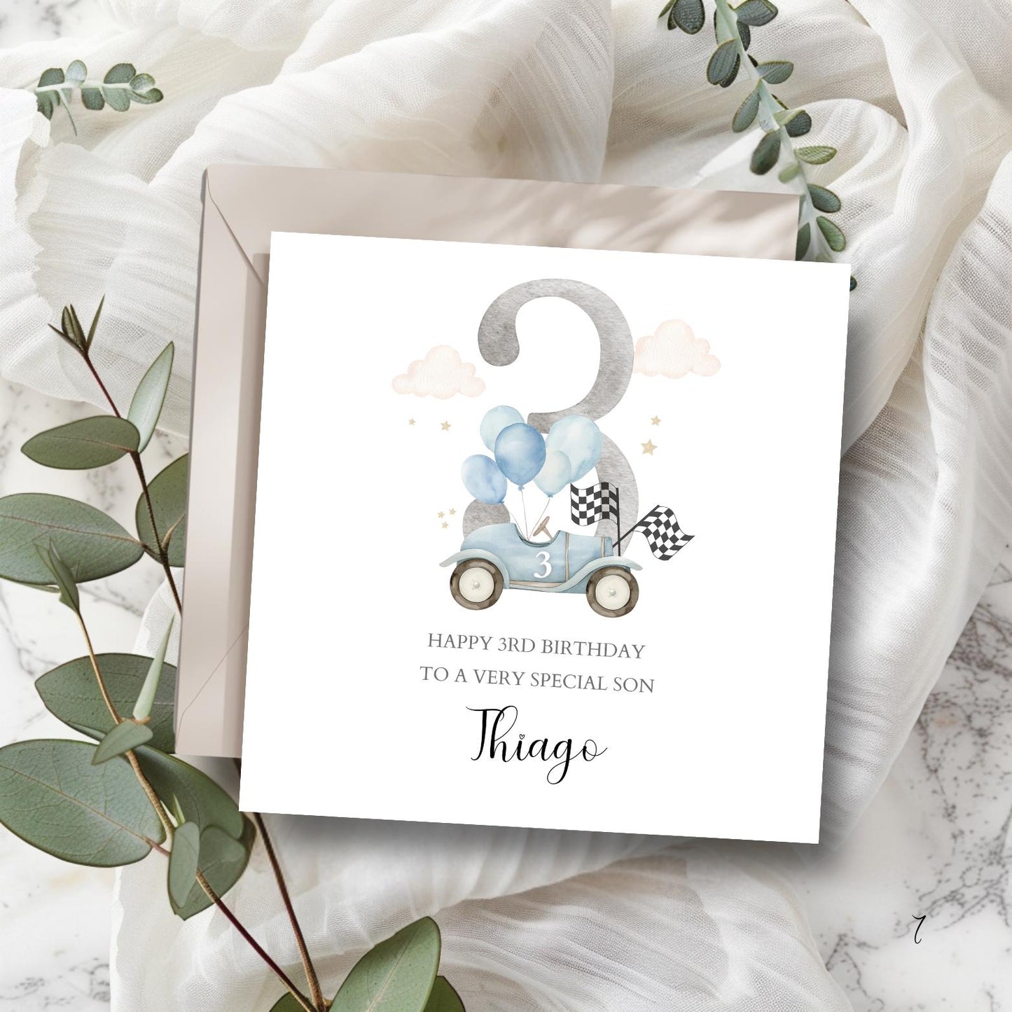 Personalised First Birthday Race Car Card | Boy Blue Birthday Car Card| 1st,2nd,3rd Birthday Card for Son, Grandson, Nephew, Any Relation