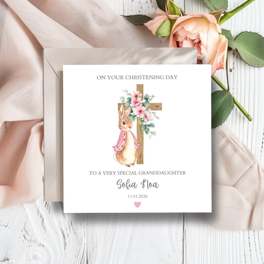 Personalised Granddaughter Flopsy Bunny Christening Card,Baptism Flopsy Bunny Card, Christening card Granddaughter,Goddaughter, Any relation