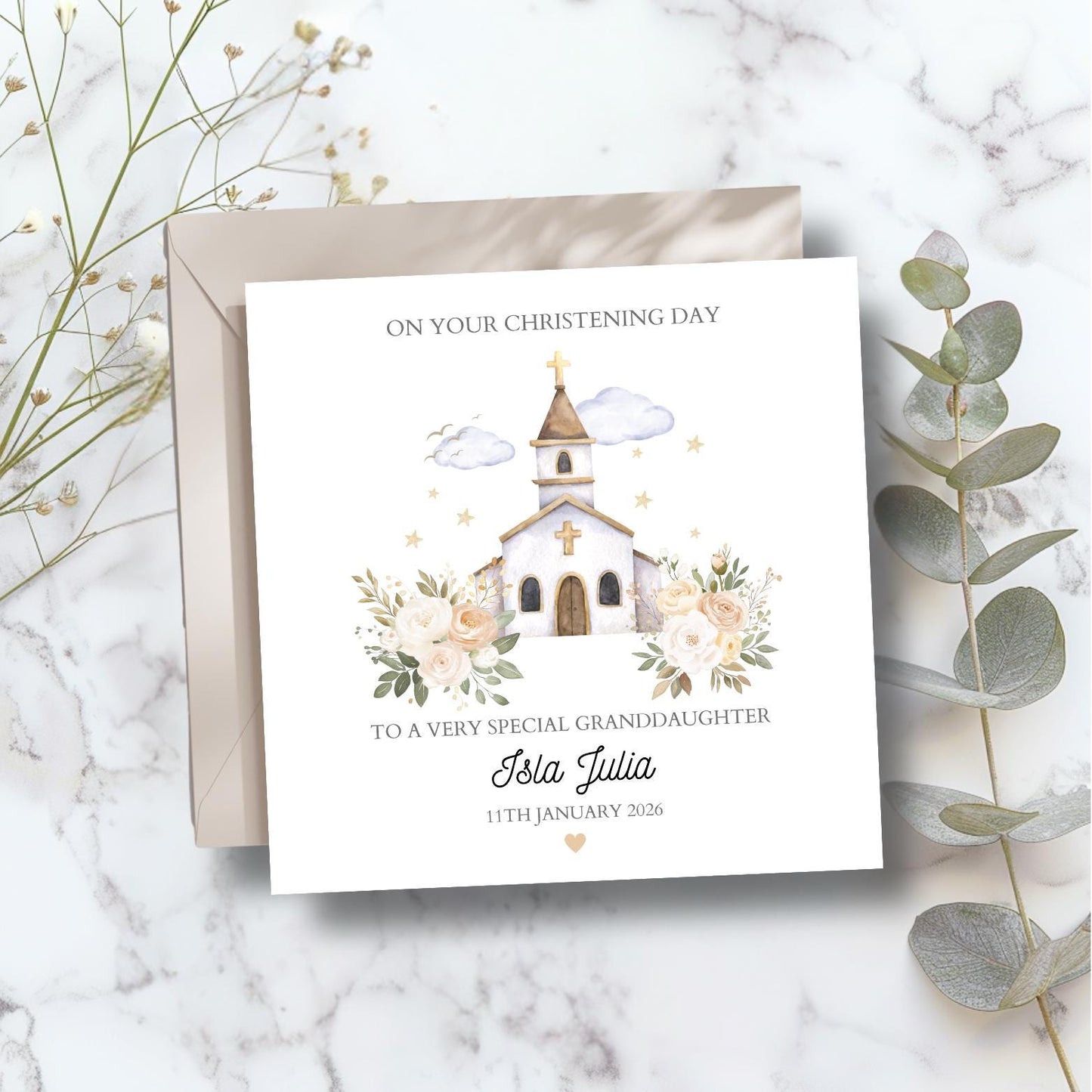 Personalised Granddaughter Christening Card, Baptism Greenery Church Card, Christening card for Girl RD120