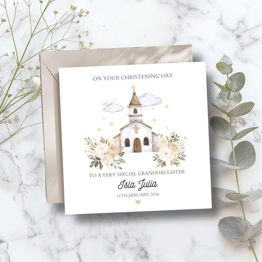 Personalised Granddaughter Christening Card, Baptism Greenery Church Card, Christening card for Girl RD120