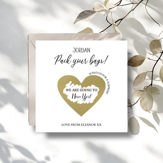 Birthday Pack Your Bags Scratch Card, Surprise Holiday Reveal Card, Gold Birthday Gift Card for Her or Him, Scratch Off Reveal