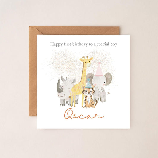 Personalised First Birthday Card Safari Animals | 1st birthday Animals card | First Birthday Card for Boy |1st Birthday Card for Son
