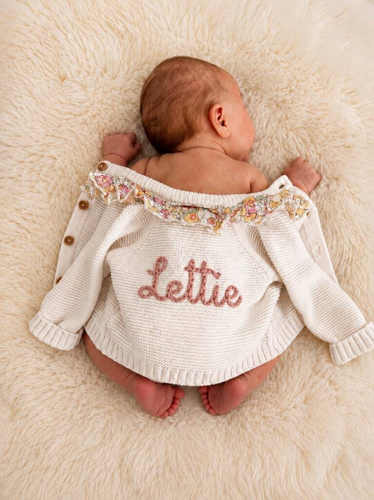 Personalised Embroidered Floral Frill White Cardigan