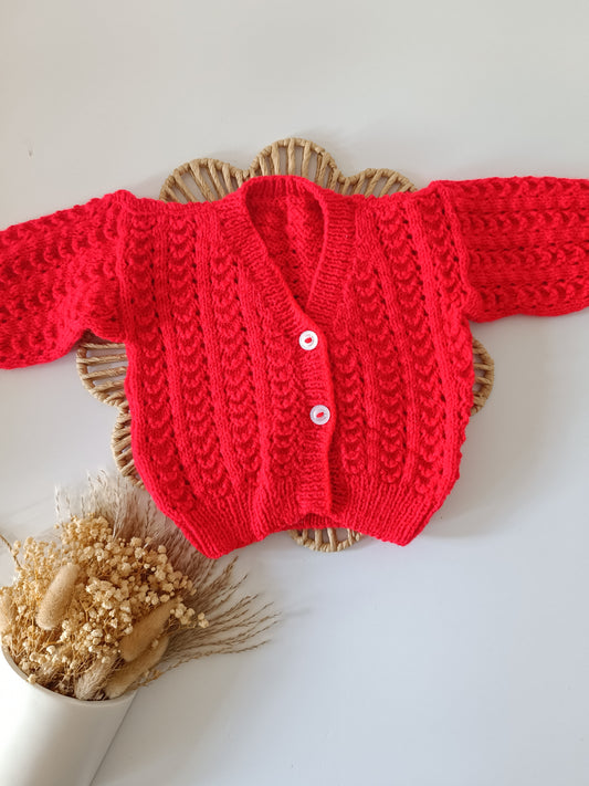 SALE 3-6m Hand Knitted Cardigan Red