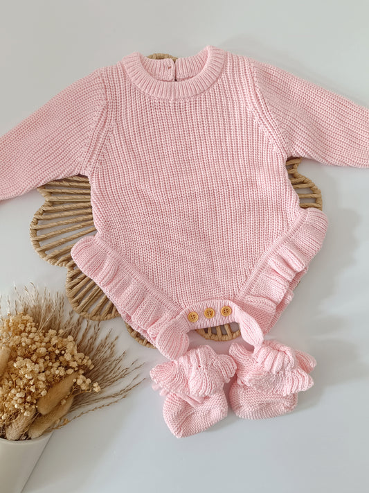Personalised Frill Romper + Booties Set- Pink 0-3m