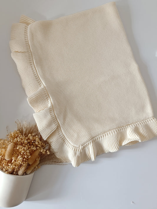 Hand Embroidered Frill Edge Baby Blanket | Cream