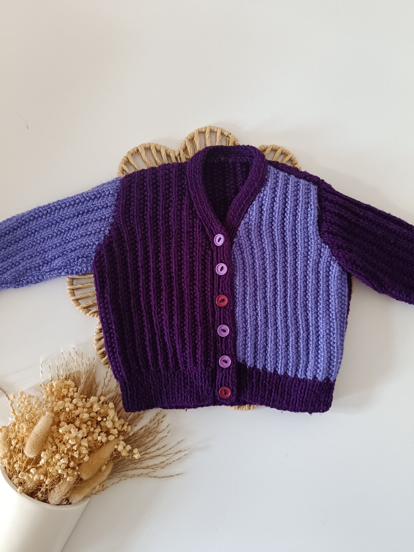 6-9m Hand Knitted Cardigan Purple Shades