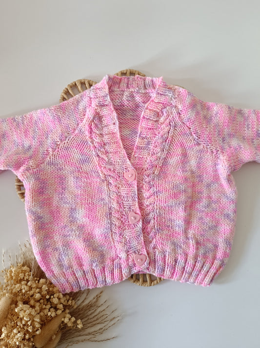 SALE 3-6m Hand Knitted Cardigan Pink Heart