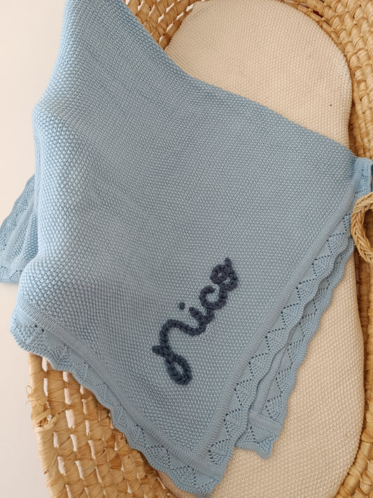 Hand Embroidered Detail Edge Baby Blanket | Blue