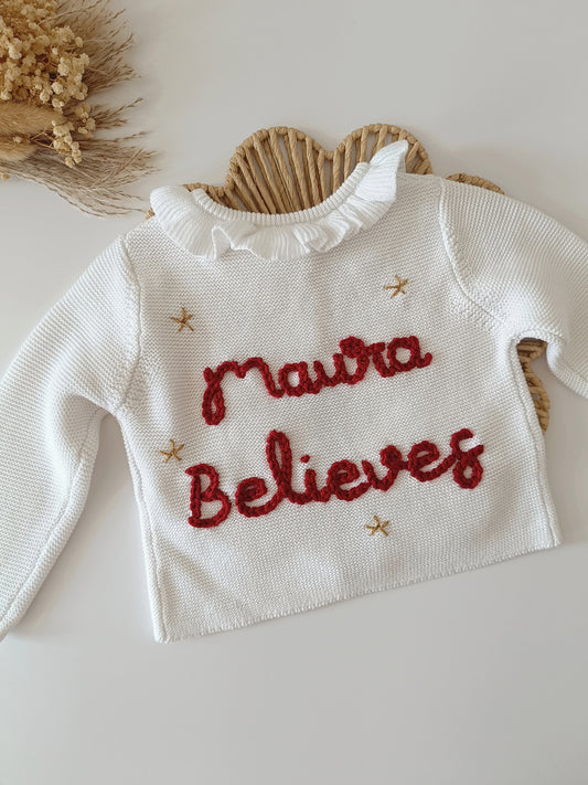 Christmas Personalised Embroidered Frill White Cardigan