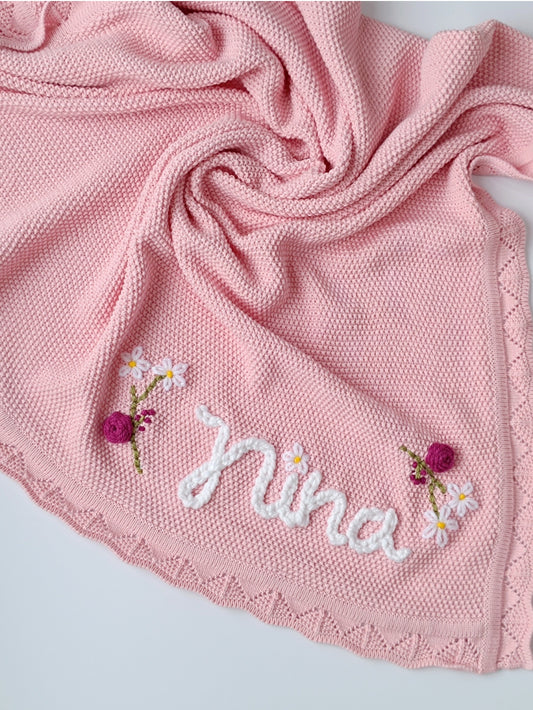 Hand Embroidered Detail Edge Baby Blanket | Baby Pink