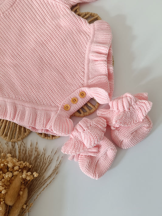 Personalised Frill Romper + Booties Set- Pink 0-3m