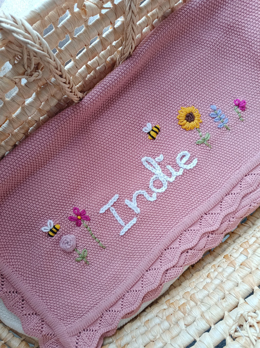 Hand Embroidered Detail Edge Baby Blanket | Rose