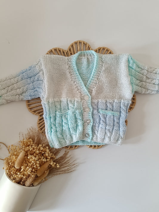 SALE 3-6m Hand Knitted Cardigan Blue Shades