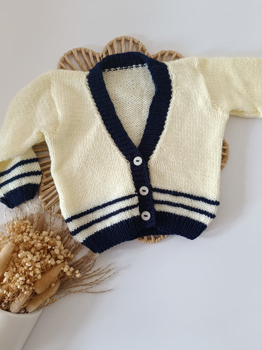 3-6m Hand Knitted Cardigan Navy Lemon