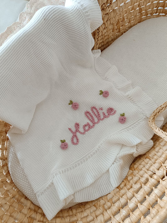 Hand Embroidered Frill Edge Baby Blanket | Creamy White